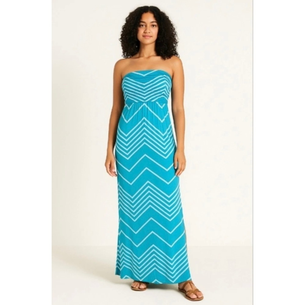 NWT Design History Womens Strapless Chevron Maxi Dress Aquarius Blue White Large
